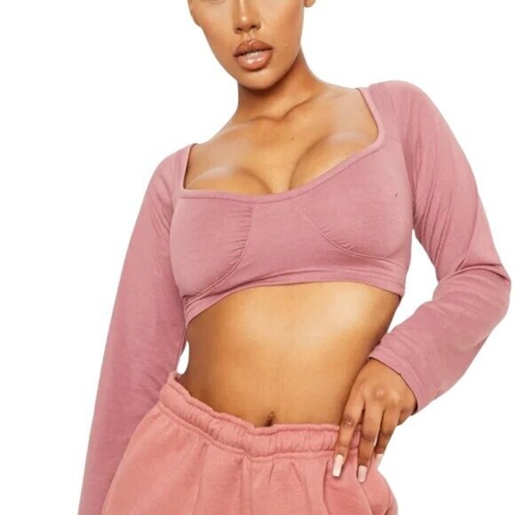 PrettyLittleThing Bardot Pink Long Sleeve Crop Top - Picture 1 of 4